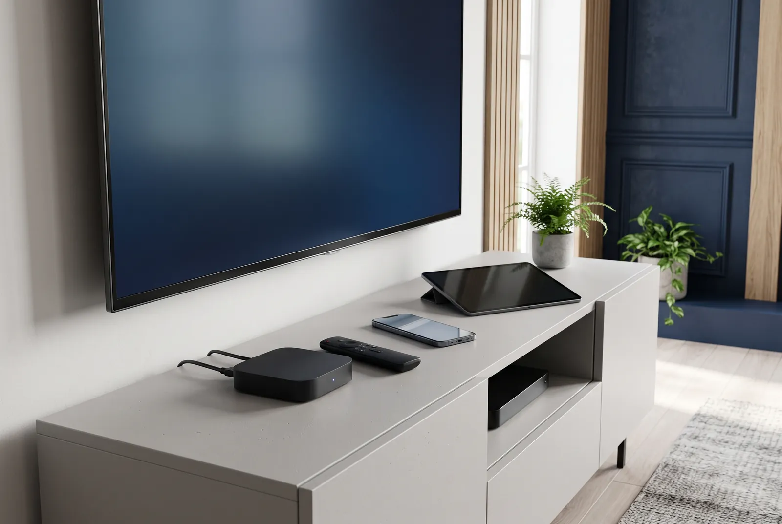 Streaming box, remote control, smartphone and tablet on a media unit below a wall-mounted TV, devices covered in the ZYMINEX setup guide